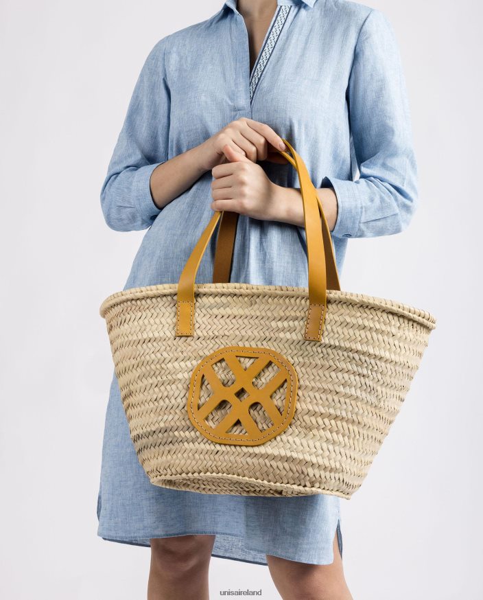 Yellow 80842D1097 Women Unisa Medium braided basket with leather handles and logo