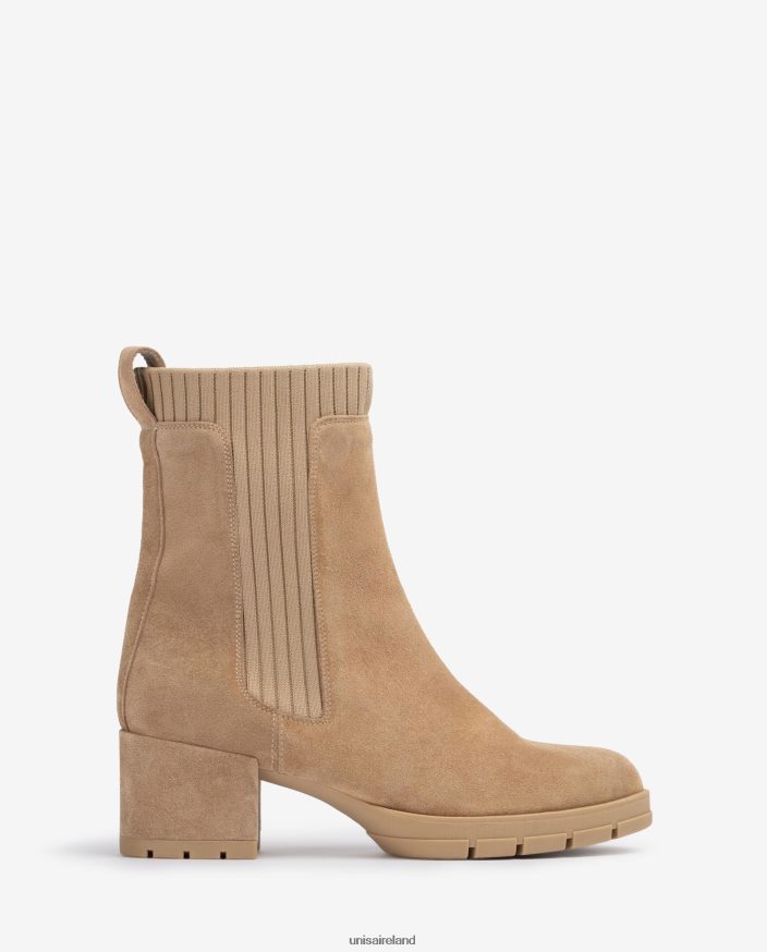 Beige 80842D935 Kids Unisa Suede ankle boot with a ribbed sock