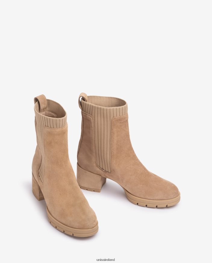 Beige 80842D935 Kids Unisa Suede ankle boot with a ribbed sock