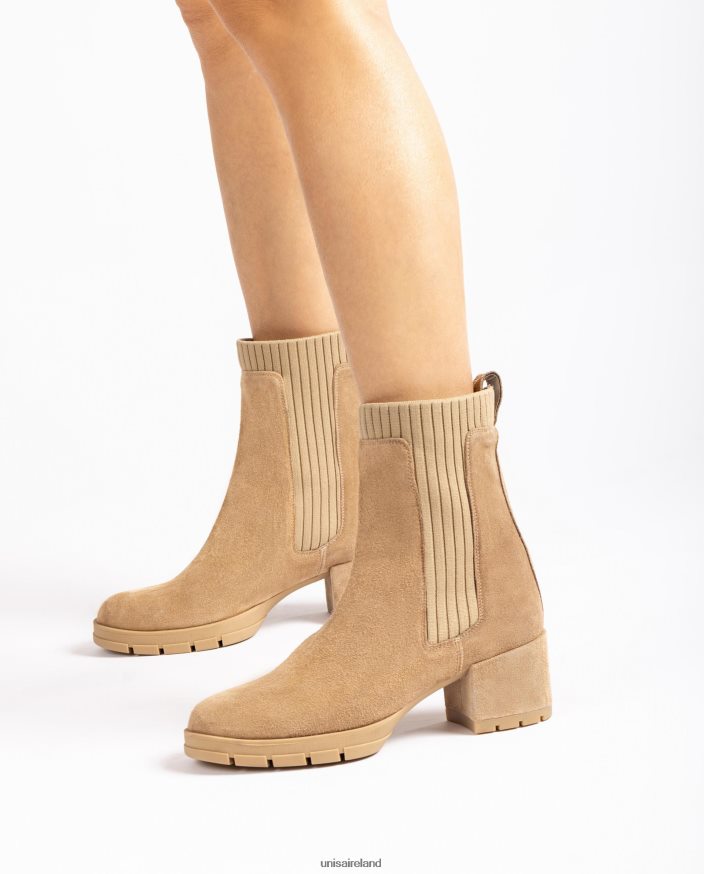 Beige 80842D935 Kids Unisa Suede ankle boot with a ribbed sock