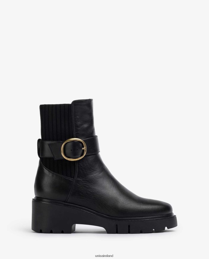 Fashion 80842D933 Women Unisa Leather ankle boots with back elastic and buckle strap