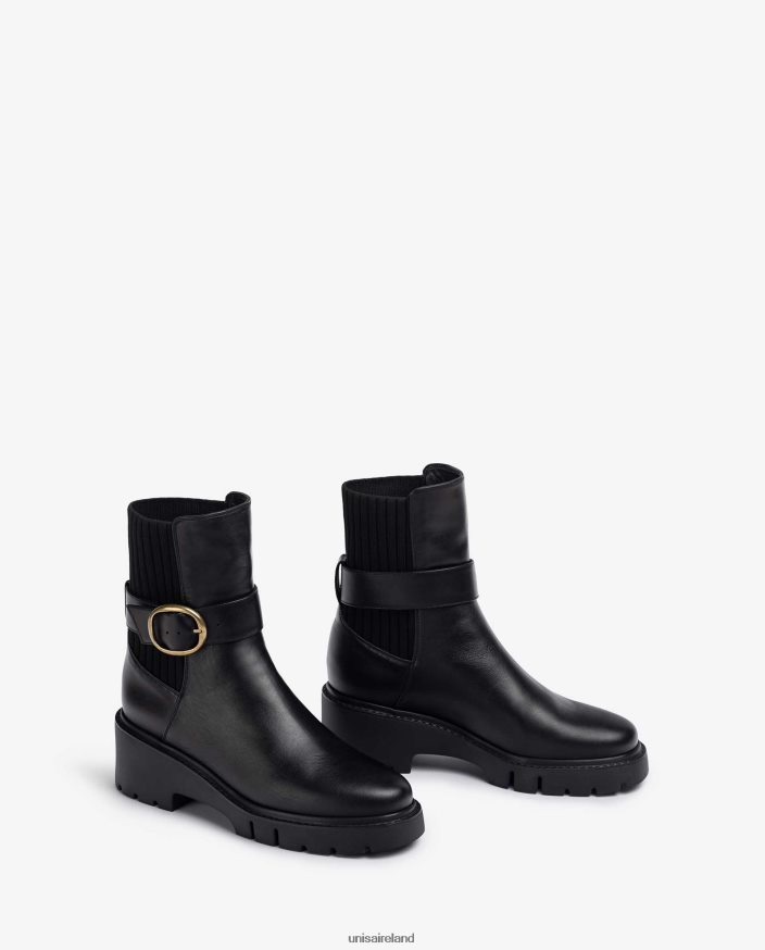 Fashion 80842D933 Women Unisa Leather ankle boots with back elastic and buckle strap