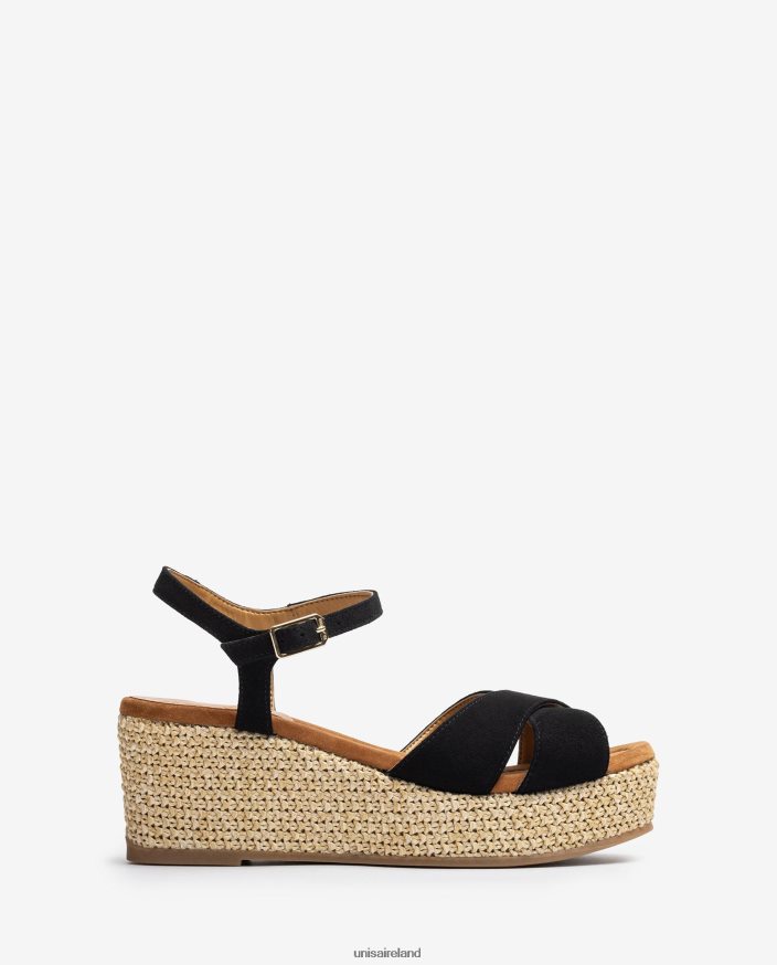Black 80842D163 Women Unisa Sandal with a raffia block heel