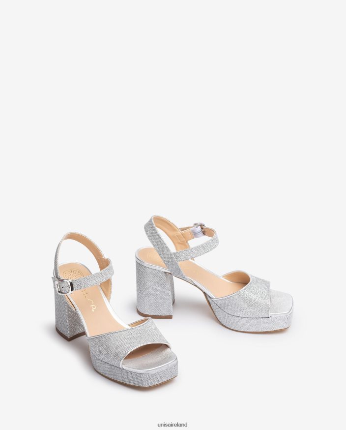 Silver 80842D224 Women Unisa Sandal made in shiny fabric with a wide heel