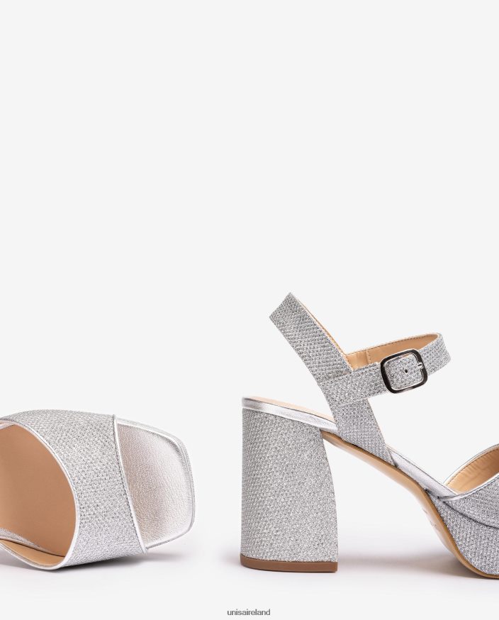 Silver 80842D224 Women Unisa Sandal made in shiny fabric with a wide heel