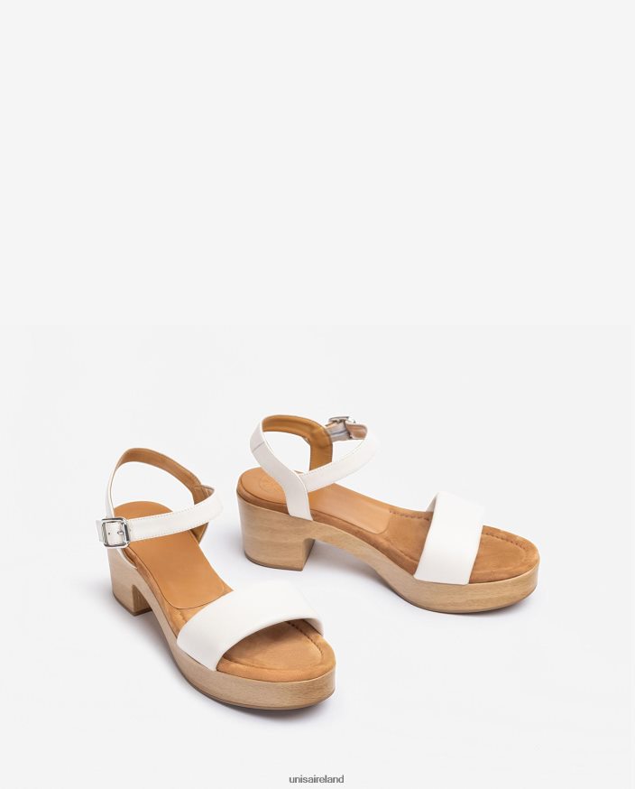 White 80842D318 Women Unisa Leather sandal with wood effect block